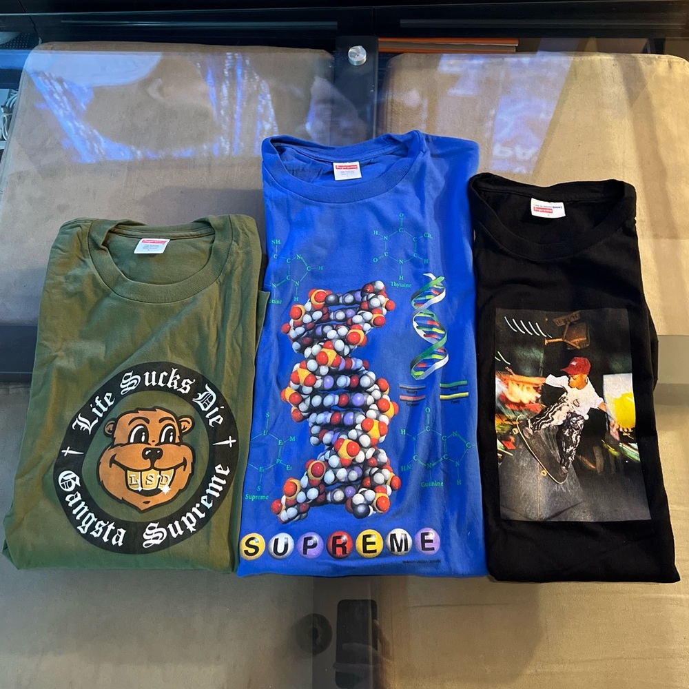 Lot of 3 Supreme Tees Comme Des Garçons, Olive Green and Royal Blue L